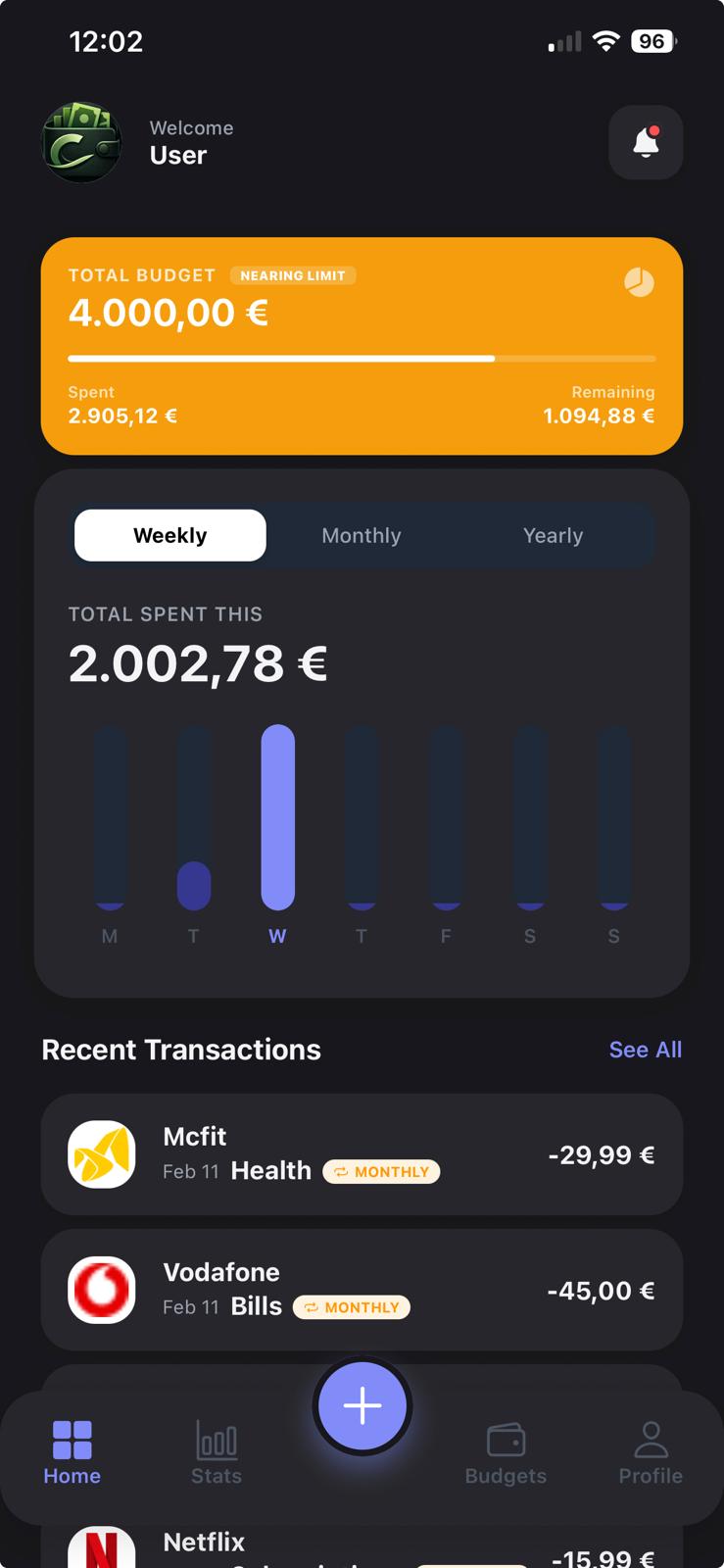 Clear Spend home screen showing budget overview and recent transactions
