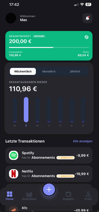 Clear Spend home screen showing budget overview and recent transactions